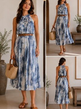 THML Blue White Watercolor Print Midi Maxi Dress Boho
